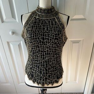 Papell Boutique Black with Gold Beading Women's Silk Top Size Large